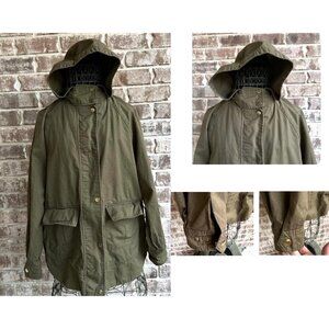 Love Tree Green Army Jacket Medium Military Raincoat Pockets Hooded Bungee Waist
